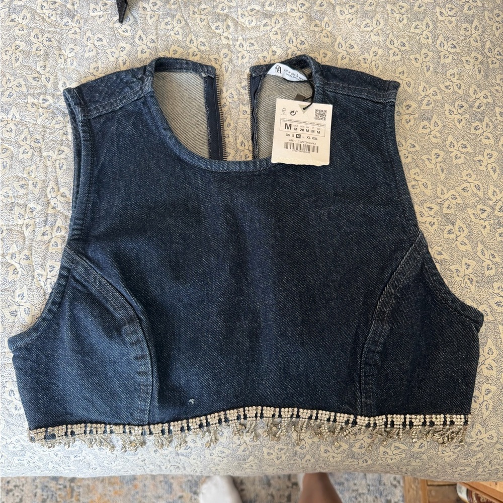 NWT Zara Dark Blue Denim Crop Top with Beaded Hem